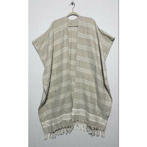 Turkish-t Long Kimono Womens One Size Beige Striped Fringe Cotton Linen Boho